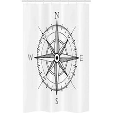 ABAKUHAUS Kompass Schmaler Duschvorhang, Windrose Wegbeschreibung, Badezimmer Deko Set aus Stoff mit Haken, 120 x 180 cm, Schwarz Weiß
