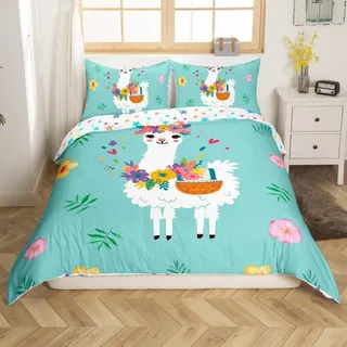 Bettwäscheset 155x220cm Mädchen Alpaka Blumen Rosa Mikrofaser mit 1 Kissenbezug 80x80cm Kinder Teens Reißverschluss