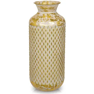 Blumenvase, 40 cm Hohe Rustikale Goldene Metallvase Dekovase mit Weiße Muster für Blumengesteck, Trockenblumen, Esstisch, Büro Dekoration