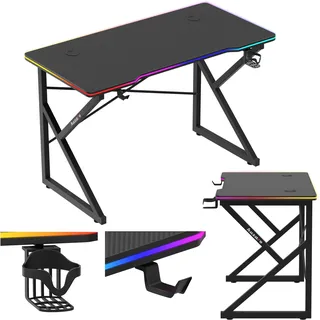 huzaro Hero 1.7 RGB Black | Gaming Schreibtisch LED Beleuchtung | 120x60cm | Kopfhörerhaken Getränkehalter | Kohlefaseroberfläche | Kabeldurchführung | Schwarz