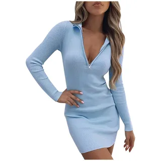 TRIGLICOLEUM Strickkleid Damen Sexy Einfarbige Etuikleid Winterkleid Reißverschluss V-Ausschnitt Pulloverkleid Winter Langarm Wickelkleid Bodycon Minikleid Hüftkleid Bleistiftkleid Große Größen 3XL