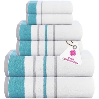 Casa Copenhagen White Bay-Handtuch aus 600 g/m2 ägyptischer Baumwolle für Hotel, Spa, Küche und Bad, 6-teiliges Set mit 2 Bädern, 2 Händen, 2 Waschlappen – Weiß mit blaugrünem und grauem Rand