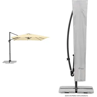 Schneider Sonnenschirm Rhodos Junior, Beige (natur), ca. 270 x 270 cm, 8-teilig, quadratisch & Schutzhülle für Ampelschirme, silbergrau, bis 300 cm Ø