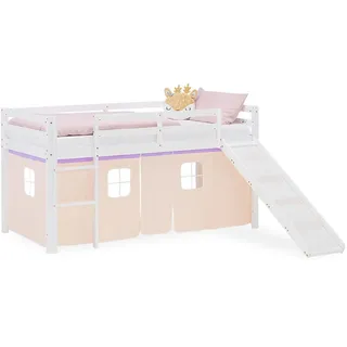 Homestyle4u Hochbett 90/200 cm in weiß Rutsche Bettvorhang peach , Textil , Kiefer , 90x200 cm , Babymöbel & Kindermöbel, Kinderzimmer & Jugendzimmer, Kinderbetten, Hochbetten