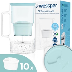 Wessper Wasserfilter Kanne Glas 2,5L, Set Wasserkanne und 10 Filterkartuschen, Kompatibel mit Brita Maxtra, Wasserkaraffe für Trinkwasser mit Ersatz Filter - Minze