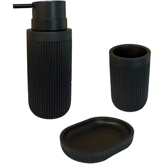 Relaxdays Bad Accessoires, 3-teilig, Seifenschale, Seifenspender, Zahnputzbecher, Polyresin, Bad Zubehör Set, schwarz