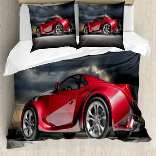 ABAKUHAUS Autos Bettbezug, Moderne Red Sports Vehicle, Milbensicher Allergiker geeignet mit Kissenbezügen, 155 cm x 220 cm - 80 x 80 cm, Rot Grau Schwarz - Rot, Grau, Schwarz