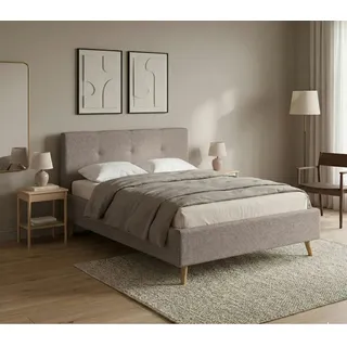 Mid.you Polsterbett , Beige , Holz , Eiche,Birke , Hartholz,teilmassiv , 200x200 cm , Bettkasten, gepolstertes Kopfteil,Federleisten mit Triokappen, Mittelgurt, nicht verstellbar , Schlafzimmer, Betten, Holzbetten