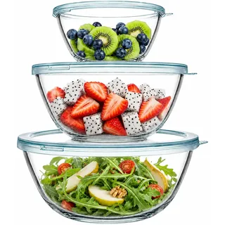 Luvan Glasschüssel mit Deckel 3er-Set (4.2 L,2.5 L,1 L), Große Rund Salatschüsseln für die Küche, ideal zum Aufbewahren von Lebensmitteln, Kochen, Backen, Vorbereiten, Spülmaschinenfest