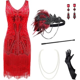 BABEYOND Damen Flapper Kleider 1920er Jahre V Ausschnitt Perlen Fransen Great Gatsby Kleid, Set – Rot, S