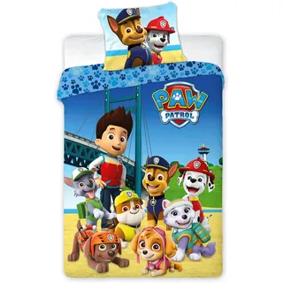 Kinderbettwäsche Paw Patrol Ryder Chase Marshall Rubble Skye Everest Zuma Rocky Hunde Brücke Strand Wasser Bettdecke 140 x 200 + Kopfkissen 70 x 90 cm 100% Baumwolle - Blau