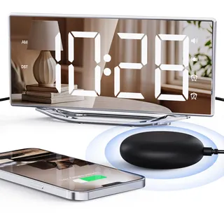 Mesqool Spiegel Digital Wecker mit Vibration, Wecker Laut für Tiefschläfer, Großes LED-Display mit Einstellbare Helligkeit, Vibrationwecker mit Snooze Doppelwecker, USB Anschluss, mit Netzkabel
