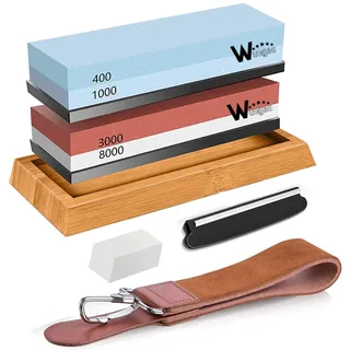 Abziehsteine Schleifstein Set für Messer - Professionell Wetzstein Körnung 400/1000 3000/8000 mit Rutschfeste Bambusbasis Flachstein Winkelführung Lederstreifen
