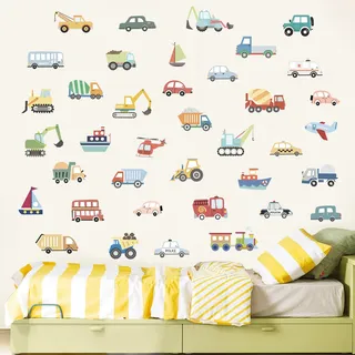 FUFUQUARE Cartoon Auto Wandaufkleber Transport Bau Fahrzeuge Wandtattoo PVC Schälen und Aufkleben DIY für Jungen Kinderzimmer Schlafzimmer Spielzimmer Wohnzimmer