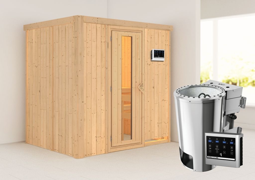 Bild von Sauna Fanja Fronteinstieg, 3,6 kW Bio Ofen kein Kranz, Klarglas-Tür