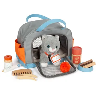 Small Foot Company Small Foot Katze mit Tasche und Pflege-Set, 15-teiliges Haustier-Spielzeug für Kinder ab 2 Jahren, Rollenspiel für Tierpflege, 12601, Bunt