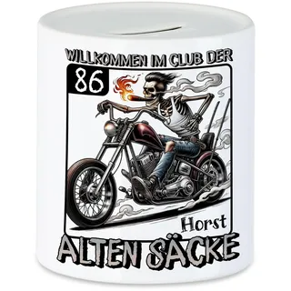 Kiddle-Design Spardose zum 86. Geburtstag Personalisiert, Club der Alten Säcke 86, 86ter Geburtstag Lustiges Biker Motorrad Geschenk, Sparbüchse Sparschwein