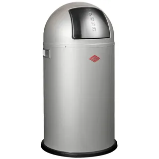 Mülleimer WESCO "Pushboy Abfallsammler", silberfarben, B:40cm H:75,5cm T:40cm Ø:40cm, Edelstahl, Kunststoff, Metall, Stahlblech, Mülleimer, Mülleimer, mit Metalleinsatz, Griffe, Einwurfklappe aus Edelstahl und Bodenring