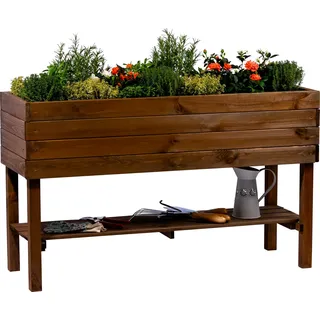 dobar® Großes Hochbeet Massivholz mit Ablage inklusive Pflanzfolie - Erhöhter Pflanzkasten 100 L - 117 x 40 x 70,5 cm - Dunkelbraun