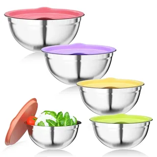 Newaner salatschüssel 5er-Set, rührschüssel Edelstahl, 4.5/3.5/2.5/2/1.4L | mit luftdichtem Deckel, schüssel sind stapelbar und spülmaschinenfest, zum Mischen und Servieren