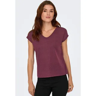 Kurzarmshirt ONLY "ONLSILVERY S/S V NECK LUREX TOP JRS NOOS", Damen, Gr. XS, rot (burgundy), Jersey, Obermaterial: 60% Polyester, 24% Viskose, 16% metallisierte Fasern, unifarben, loose fit normal, Rundhals, Shirts Kurzarmshirt, Materialmix mit Glitzer, loose fit, Rundhals