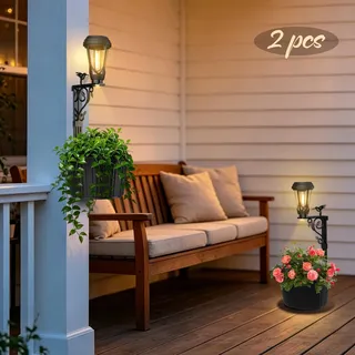 2-in-1 Solarlampe mit Blumentopf, 2 Stück 48cm Flowerpot Lampe, Warmweiß | Solarleuchten für Außen mit Pflanzgefäß, Oben und Unten Doppel Lampen, Solar Stehleuchte, für Garten, Haustür, Wand Deko