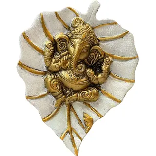 Craft Trade Wanddekoration Kupfer Metall Lord Ganesh Ganpati auf einem Paan Patta-Blatt Idol Vastu Artikel Glücklich Wandbehang Statue für Dekor Zuhause Wohnzimmer und Schlafzimmer- Weiß