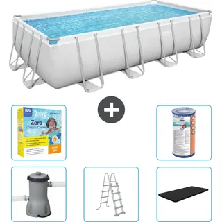 Bestway Rechteckiges Power Steel-Schwimmbecken – 488 x 244 x 122 – Grau, inklusive Pumpe – Leiter – Abdeckung Wartungspaket - Filter