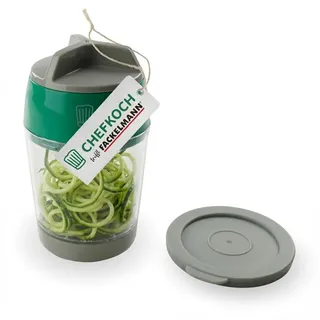 Chefkoch trifft Fackelmann Spiralschneider aus ABS & Edelstahl – 13 x ø9 cm – Für breite. schmale & kleine Spiralen – Mit Deckel & abnehmbarem Boden – Grün/Grau