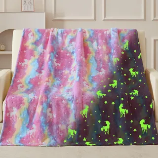 QSTEHEML Leuchtende Überwurfdecke, leuchtende Decke, Geburtstagsgeschenk für Jungen, Mädchen, Kinder, Kleinkinder, gemütliche, weiche, Flauschige, 127x152.4 cm, Regenbogen-Einhorn