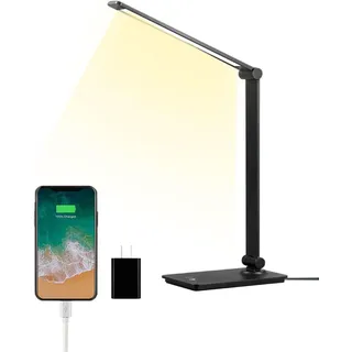 ELITUN Schreibtischlampe, LED Tischlampe mit USB Ladefunktion, 5 Farben, 3-Stufiges Dimmen, Memory-Funktion, Augenfreundliche Leselampe, Bürolampe, Schwarz, Aluminiumlegierung