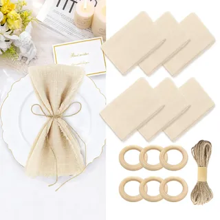 Yuaerbuo 6 Stück Stoffservietten Beige Baumwolle mit Fransen, 42*42cm Servietten Stoff Beige Leinen Servietten mit 10m Schnur 6 Serviettenring Natur Leinenservietten mit Hohlsaum für Tischdekoration