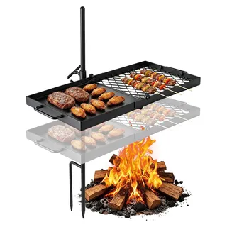 Schwenkbarer Lagerfeuergrill - Camping Schwenkgrill mit Grillrost 61 cm - Höhenverstellbar 360° - Kohlenstoffstahl - Mit Grillständer - Für Offenes Feuer - Schwarz
