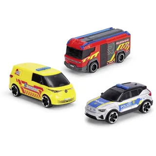 Dickie Toys - SOS-Team Spielzeugautos (je 15 cm) - 3er-Set Autos mit Freilauf für Kinder ab 3 Jahre, Volvo EX40 Polizeiauto, VW ID. Buzz Krankenwagen & Rosenbauer Penta Feuerwehrauto