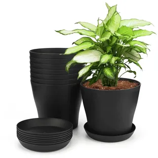 KINGLAKE 8 Stück 14cm Blumentöpfe Pflanztöpfe Klein, übertopf Pflanztopf Anzucht Plastik mit Untersetzer, Blumentopf Kunststoff Set, Topf Kleine Flower Pot für Pflanzen Kakteen Sukkulenten-Schwarz