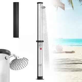 Solardusche 40 Liter für Garten & Pool, Solar Gartendusche mit 360° Schwenkbarem Regenduschkopf, Aussendusche mit Wasserhahn & Gartenschlauchanschluss Camping Outdoor, Silber-Schwarz