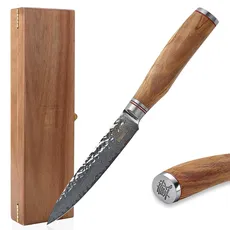 zayiko Minami Premium Allzweckmesser mit 12,5 cm Klinge gefertigt aus 67 Lagen echtem Damaststahl mit Hammerschlag und Olivenholzgriff I Holzbox I Damastmesser Küchenmesser und Profi Kochmesser