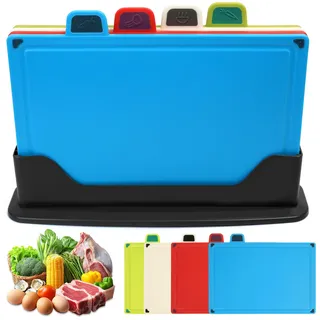 Schneidebrett Kunststoff, 4 STK 30 x 20 cm Schneidebrett Set mit Ständer, Spülmaschinenfest PP, BPA Frei Rutschfest Schneidebretter Set Küchenbretter für Obst Gemüse Fleisch