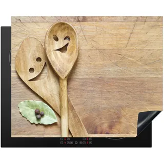 KitchenYeah© Herdabdeckplatte Einteilig Küche Herdabdeckung Induktionsfeld | 65x52 cm - Glaskeramikkochfeld Herdabdeckplatten Vinyl Matte Aufrollbar Holz - Löffel - Braun - Smiley