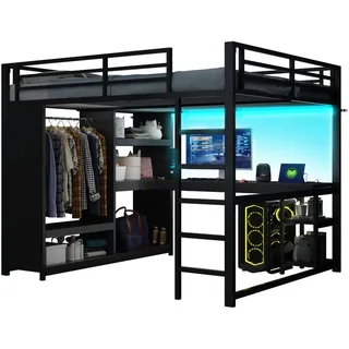 Modfu Hochbett aus Metall 160x200 cm Schwarz mit Led, Schreibtisch und offenem Kleiderschrank , 160x200 cm , Babymöbel & Kindermöbel, Kinderzimmer & Jugendzimmer, Kinderbetten, Hochbetten