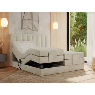 MKS MEBLE Boxspringbett 160x200 elektrisch verstellbar 7-Zonen Taschenfederkern Matratze und Topper Bett 160x200 mit Motor Polsterbett Motorbett - Comforto - Beige Velvet - H3 - Beige