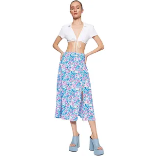 Trendyol Damen Indigo-Ecru-Schlitzdetail floral gemusterte Viskose Stoff Midi gewebter Rock Twoss20ET0230, Indigo-Ecru 40