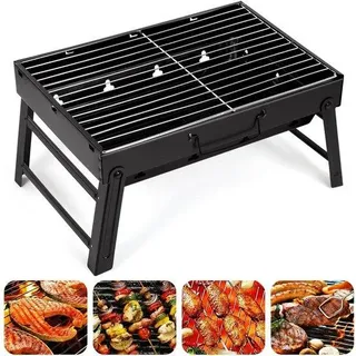 Ibenzoa® Holzkohlegrill – tragbarer Edelstahl-Campinggrill, klappbar 52×29,5×22,2 cm (gefaltet 44×6×30 cm), für 5–7 Personen, 5 Lüftungsöffnungen/Seite - Schwarz