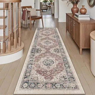 DEXI Läufer Flur Teppich 60 x 150 cm, Küchenläufer Lange waschbar rutschfest, Schmutz & Wasser Aufnehmen Dünne Vintage Teppichläufer für Hauseingänge, Küche, Waschküche, Beige