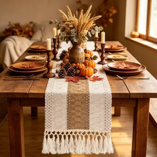 yuboo Boho-Kaffeetischläufer, kurz, klein, braun, Couchtischdecke, Kommodenläufer und Topper für Küche, Schlafzimmer, Nachttisch, Frühlings-Bauernhaus-Tischdekoration, 122 cm lang