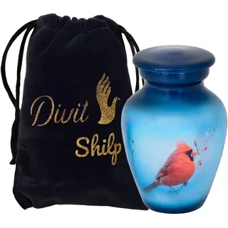 Divit Shilp Kleine Andenken-Feuerbestattungs-Urne mit Einer Samttasche | Eine Auswahl von Farben | Benutzbares Mini-Symbolgefäß aus Metall für Menschenasche. (Keepsake, Hummingbird Cardinal)