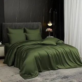Gezu Bambus Bettwäsche 200x200cm Olivgrün Grün Kühlende Sommer | Bettbezug aus Bio Bambus Tencel Weich Oeko-TEX® Bettwäsche Set Bambusfaser mit Reißverschluss und 2 Kissenbezüge 80x80