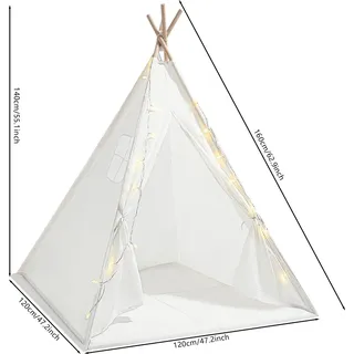 Kinder-Tipi-Zelt, gepolsterte Matte, LED-Lichter, modernes Design, WEISS