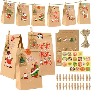 Adventskalender zum Befüllen Kinder 2024 Tüten Zahlen Aufkleber Braun - Braun