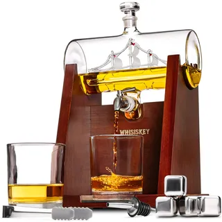 WHISISKEY Karaffe Set - Whiskey Geschenkset - Geschenke für Männer - Männergeschenke Geschenk - Geburtstagsgeschenk Mann - Schiff Dekanter 1100ML, Geschenkbox, 2 Whisky Gläser, 4 Whisky Steine